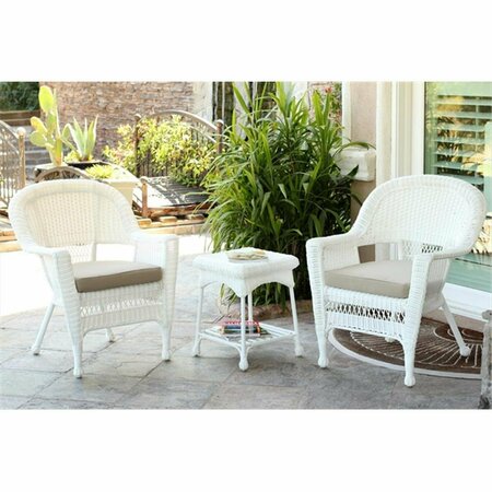 JECO 3 Piece White Wicker Chair And End Table Set With Tan Chair Cushion W00206_2-CES006